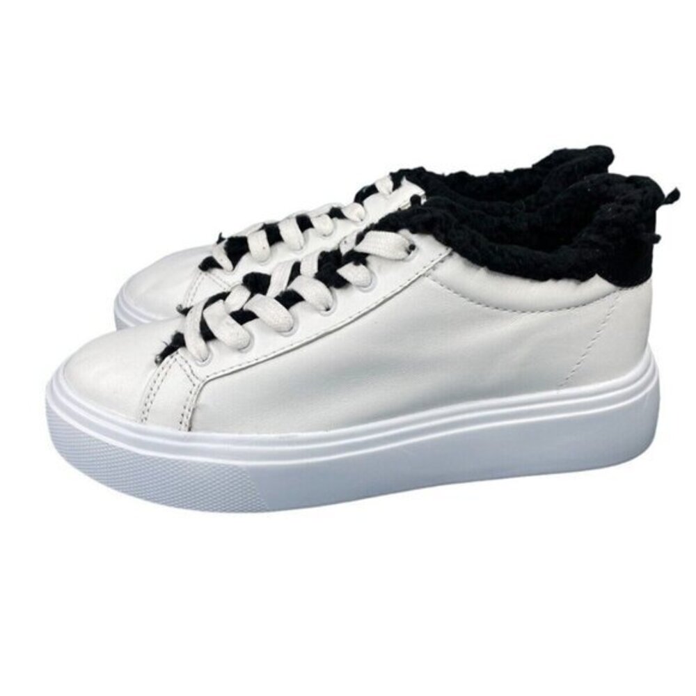 Schutz White Leather Platform Sneakers Black Faux Fur Lining SZ 6.5 New